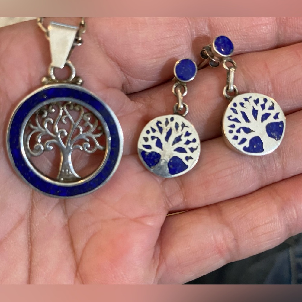 Lapis Lazuli / Sterling Silver Tree Of Life And Silver Earrings